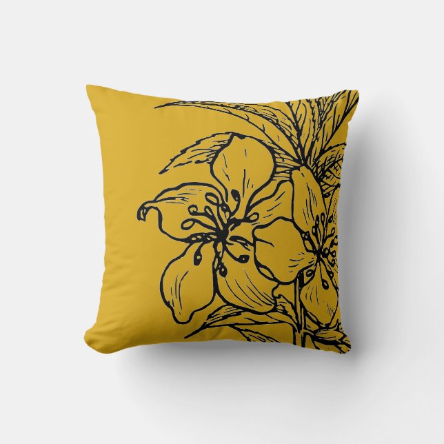 Mustard Yellow & Black Botanical | Almond Plant Cushion (Front)