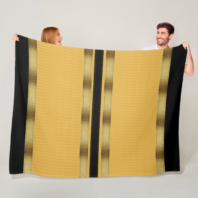 Mustard Yellow Black Gold Geometric Striped Fleece Blanket (In Situ)