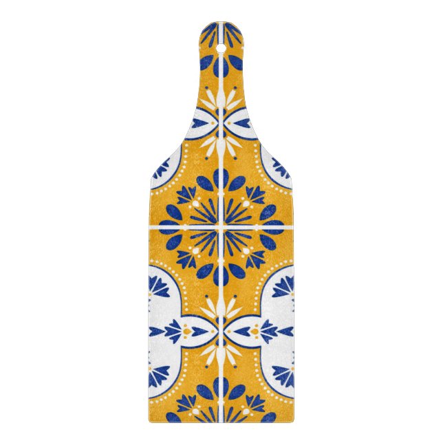 Mustard Yellow Blue Azulejo Pattern Portuguese Cutting Board (Front)
