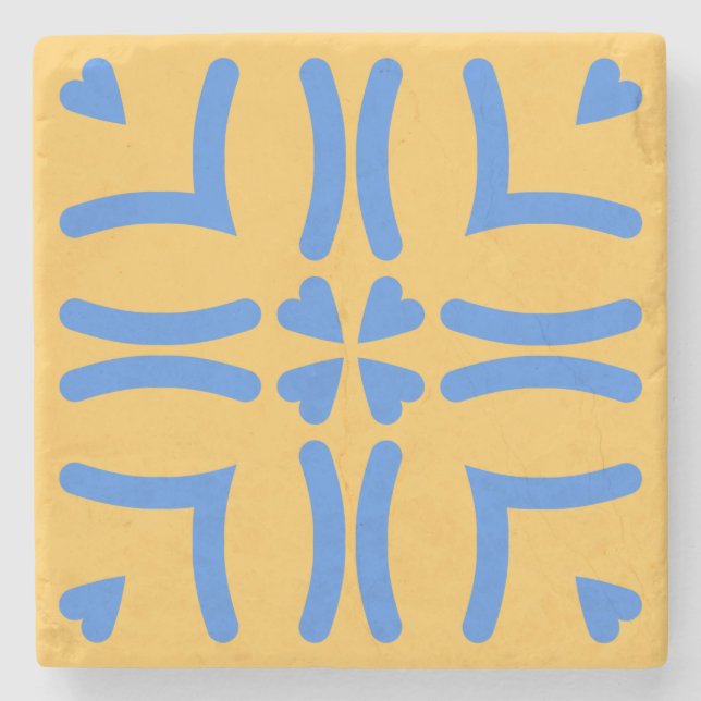 Mustard Yellow Blue Hearts Folk Art Modern  Stone Coaster (Front)