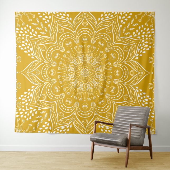 Mustard Yellow Boho Mandala Tapestry (In Situ (Horizontal))