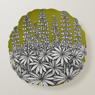 Mustard Yellow Botanical Lupine Round Pillow