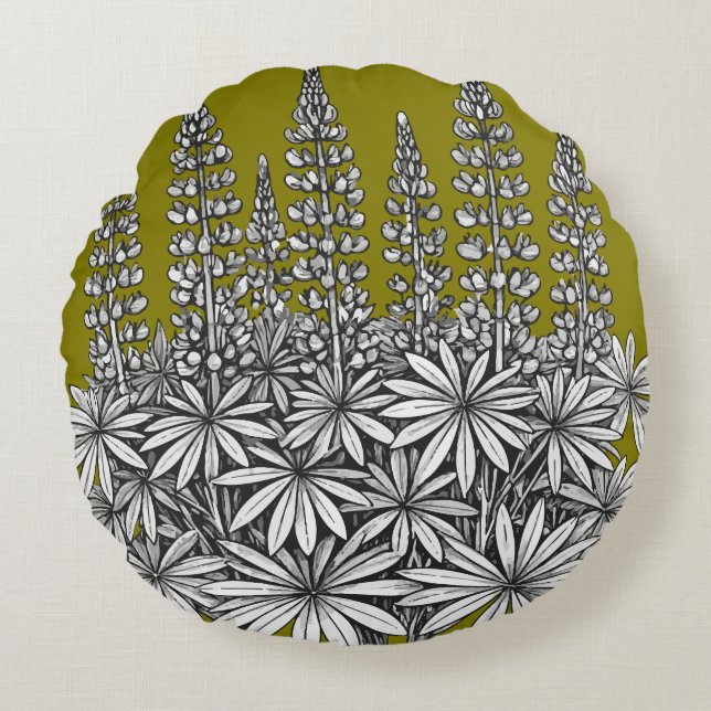  Mustard Yellow Botanical Lupine Round Pillow (Front)