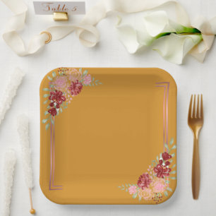 Mustard Yellow Burgundy Floral Watercolor Wedding Paper Plate