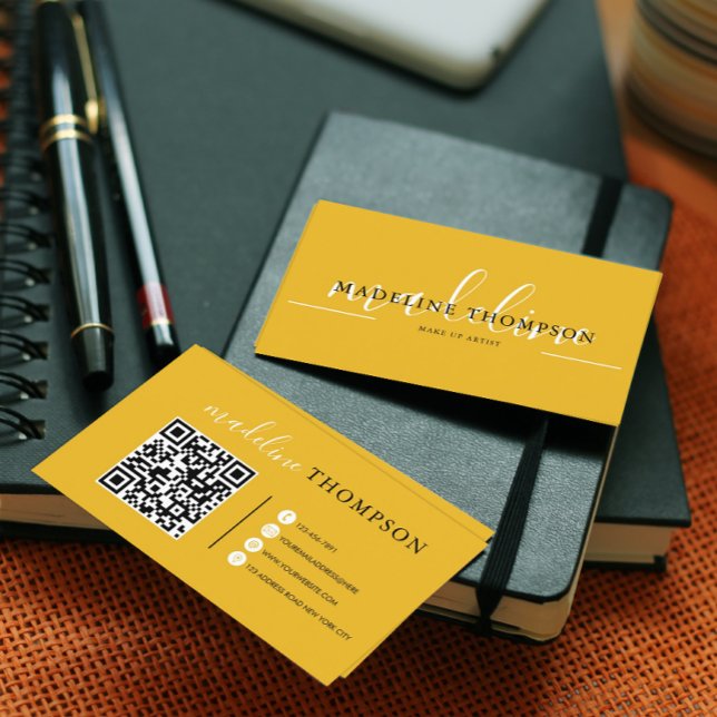 Mustard Yellow Calligraphy Script QR code  Business Card (Creator Uploaded)