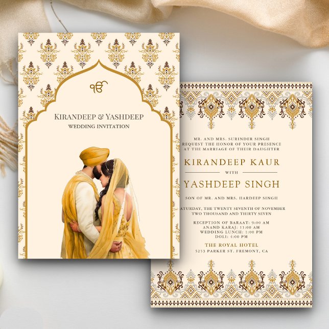 Mustard Yellow Cream Ikat Anand Karaj Sikh Wedding Invitation (Creator Uploaded)