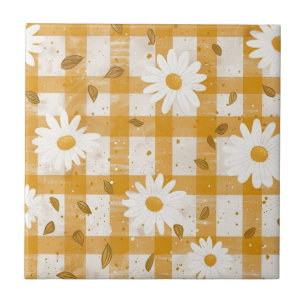 Mustard Yellow Daisy Cream Farmhouse Gingham Ceramic Tile