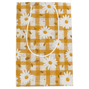 Mustard Yellow Daisy Cream Farmhouse Gingham Medium Gift Bag