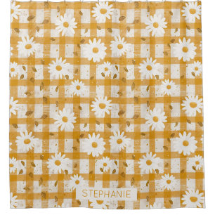 Mustard Yellow Daisy Cream Farmhouse Gingham Shower Curtain