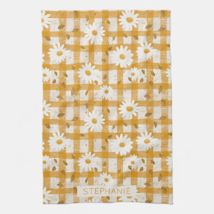 Mustard Yellow Daisy Cream Farmhouse Gingham Tea Towel
