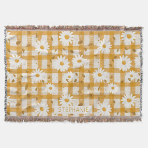 Mustard Yellow Daisy Cream Farmhouse Gingham Throw Blanket