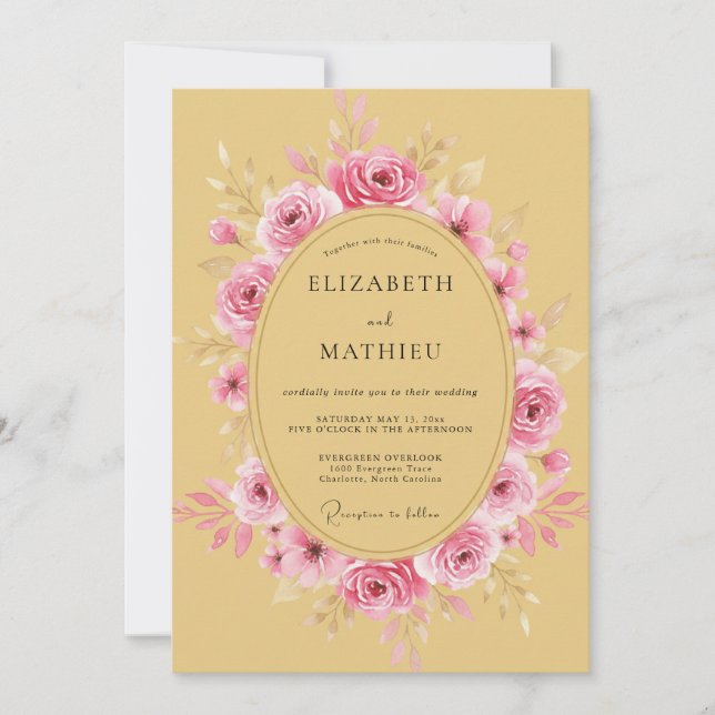 Mustard Yellow Dreamy Rose Wedding Invitation (Front)