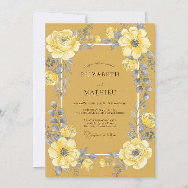 Mustard Yellow Floral Bloom Wedding Invitation (Front)
