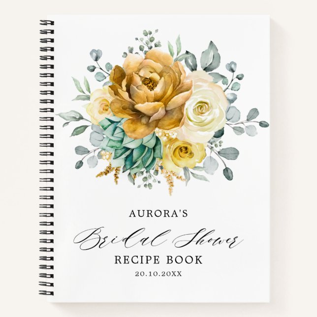 Mustard Yellow Floral Sage Bridal Shower Recipe Notebook (Front)