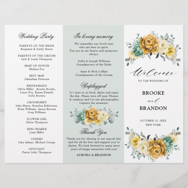 Mustard Yellow Floral Sage Green tri-fold program (Front)