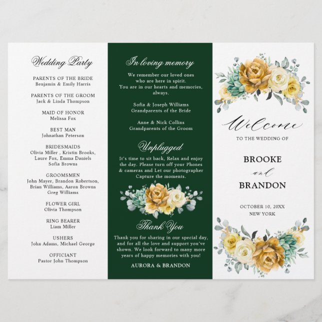 Mustard Yellow Floral Sage Green tri-fold program (Front)