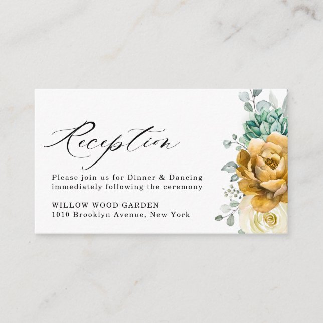 Mustard Yellow Floral Sage Green Wedding Reception Enclosure Card (Front)