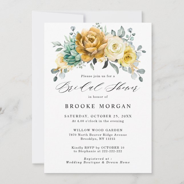 Mustard Yellow Floral Sage Greenery Bridal Shower Invitation (Front)