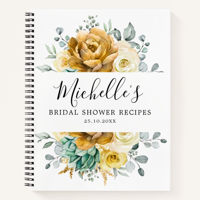 Mustard Yellow Floral Sage Greenery Bridal Shower Notebook (Front)