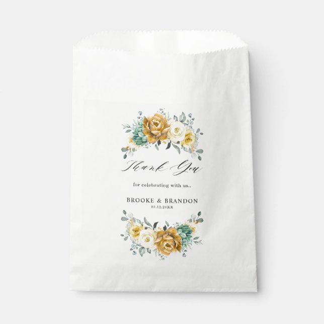 Mustard Yellow Floral Sage Greenery Modern Wedding Favour Bag (Front)