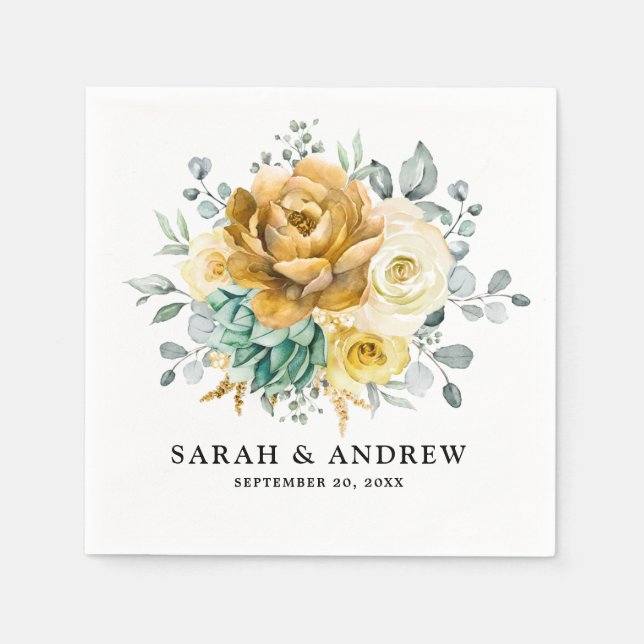 Mustard Yellow Floral Sage Greenery Modern Wedding Napkin (Front)