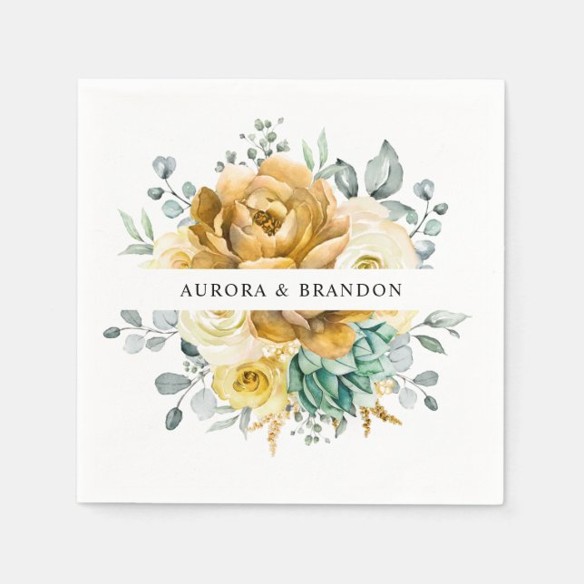 Mustard Yellow Floral Sage Greenery Modern Wedding Napkin (Front)