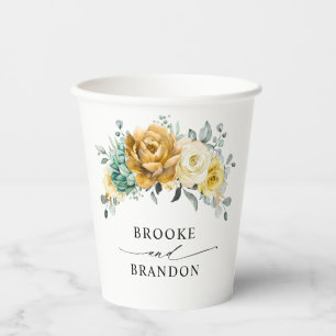 Mustard Yellow Floral Sage Greenery Modern Wedding Paper Cups