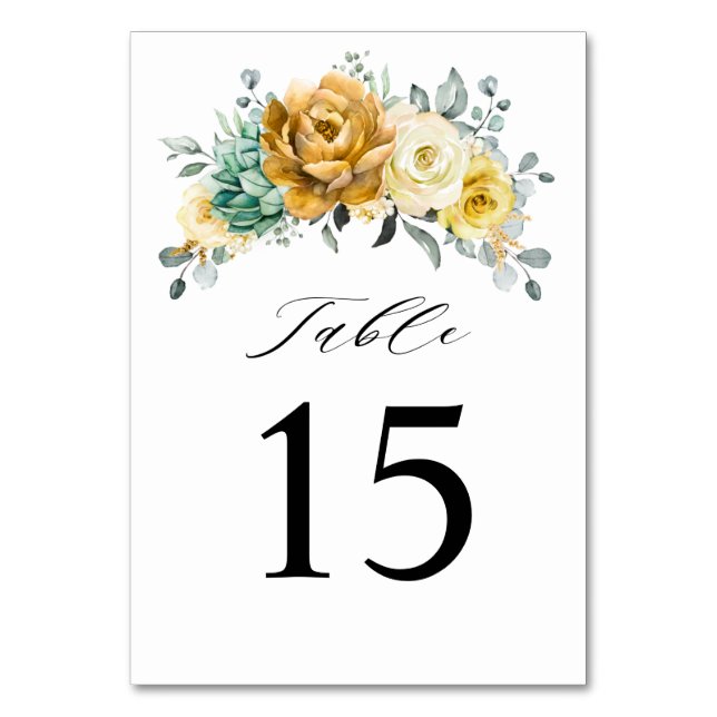 Mustard Yellow Floral Sage Greenery Modern Wedding Table Number (Front)