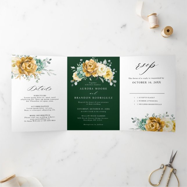 Mustard Yellow Floral Sage Greenery Modern Wedding Tri-Fold Announcement (Inside)