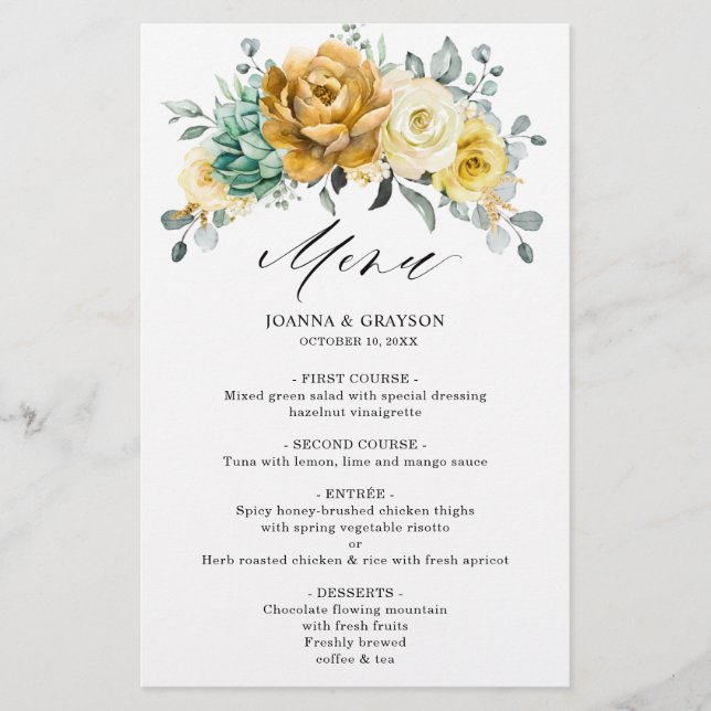 Mustard Yellow Floral Sage Greenery Wedding Menu (Front)