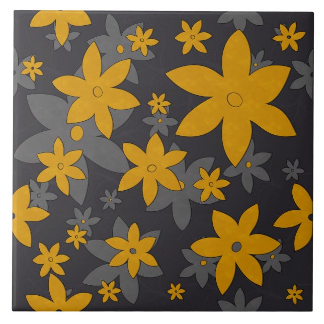 Mustard yellow flowers on dark grey and vines ceramic tile (Front)