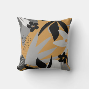 Mustard Yellow & Grey Artistic Abstract Leaves Cushion