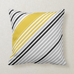Mustard yellow, grey, black, white stripes cushion