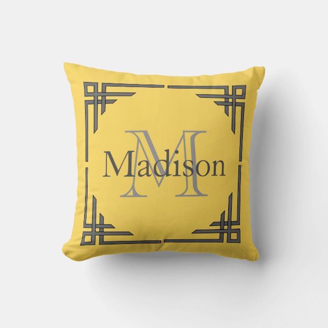 Mustard Yellow Grey Geometric Border Monogram Name Cushion (Front)