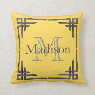 Mustard Yellow Grey Geometric Border Monogram Name Cushion