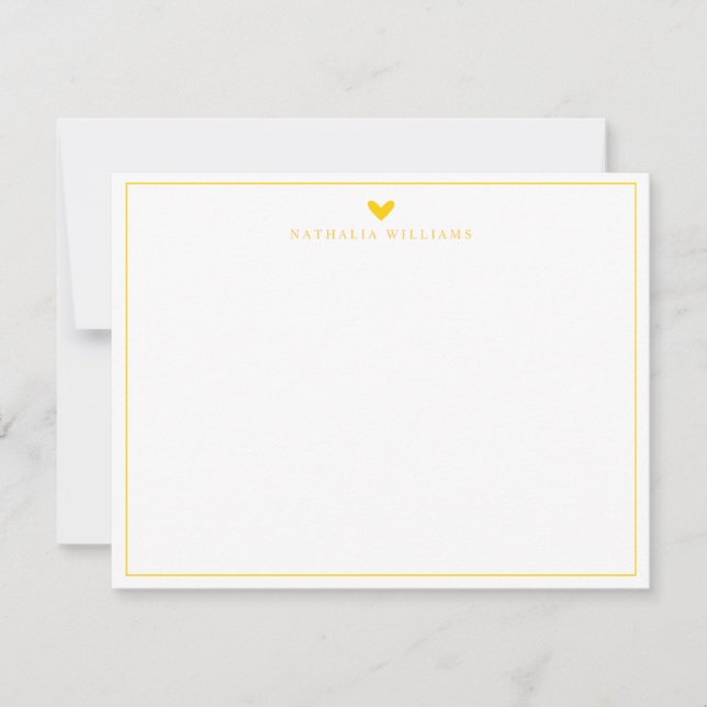 Mustard Yellow Heart Border Monogram Note Card (Front)