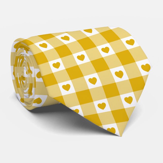 Mustard Yellow Heart Plaid Retro Color Neck Tie (Rolled)