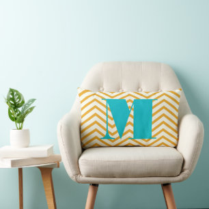 Mustard Yellow Ivory and Aqua Monogram Zig Zag Lumbar Cushion