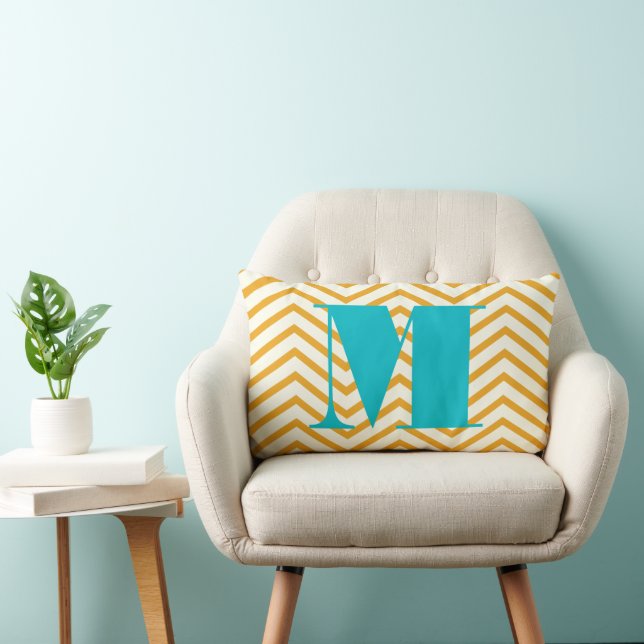 Mustard Yellow Ivory and Aqua Monogram Zig Zag Lumbar Cushion (Chair)