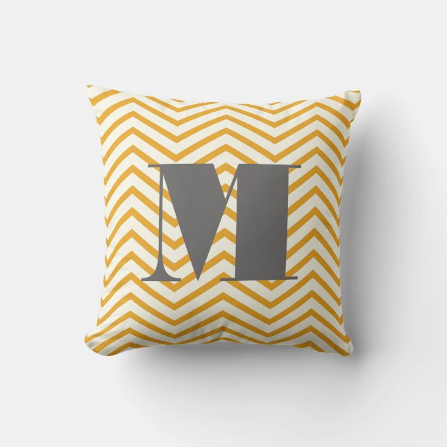 Mustard Yellow Ivory and Grey Monogram Zig Zag Cushion (Front)