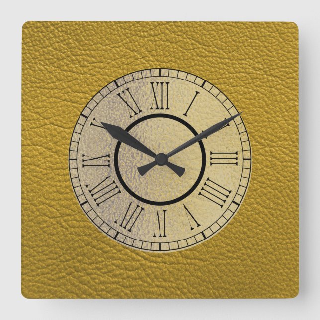 Mustard Yellow Leather w/ Gold and Roman Numerals Square Wall Clock (Front)