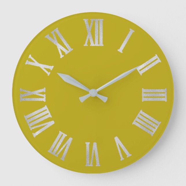 Mustard Yellow Lime  Silver Grey Roman Number Large Clock (Front)