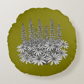 Mustard Yellow Lupine Floral Round Pillow