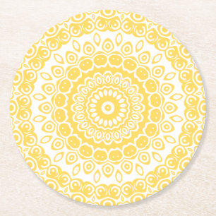 Mustard Yellow Mandala Pattern Round Paper Coaster