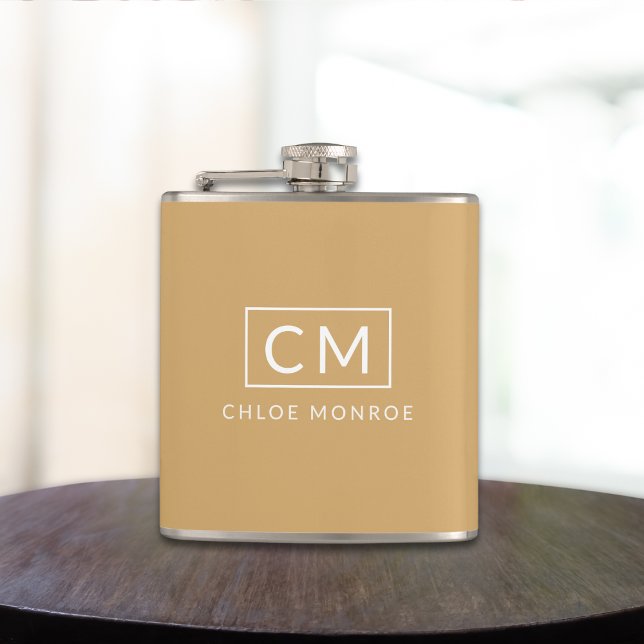 Mustard Yellow Minimalist Modern Monogram Name Hip Flask (Creator Uploaded)