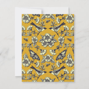 Mustard Yellow & Navy Birds, Butterflies & Flowers Card