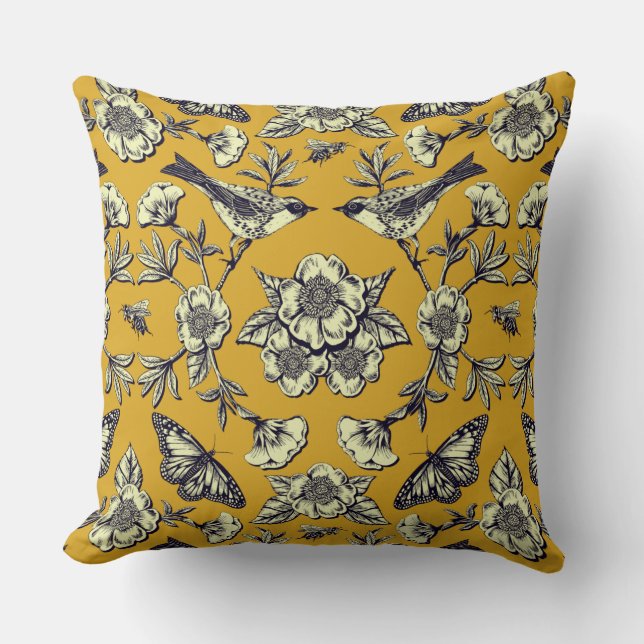 Mustard Yellow & Navy Birds, Butterflies & Flowers Cushion (Front)