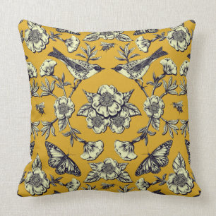 Mustard Yellow & Navy Birds, Butterflies & Flowers Cushion