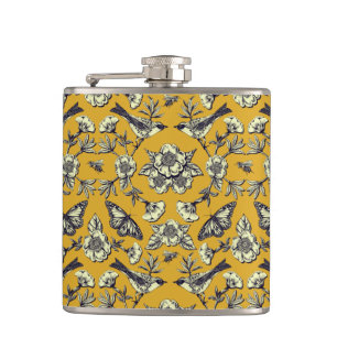 Mustard Yellow & Navy Birds, Butterflies & Flowers Hip Flask