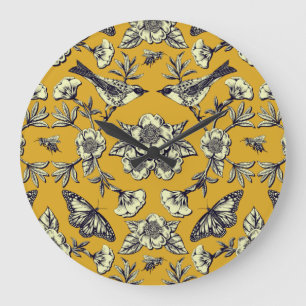 Mustard Yellow & Navy Birds, Butterflies & Flowers Large Clock